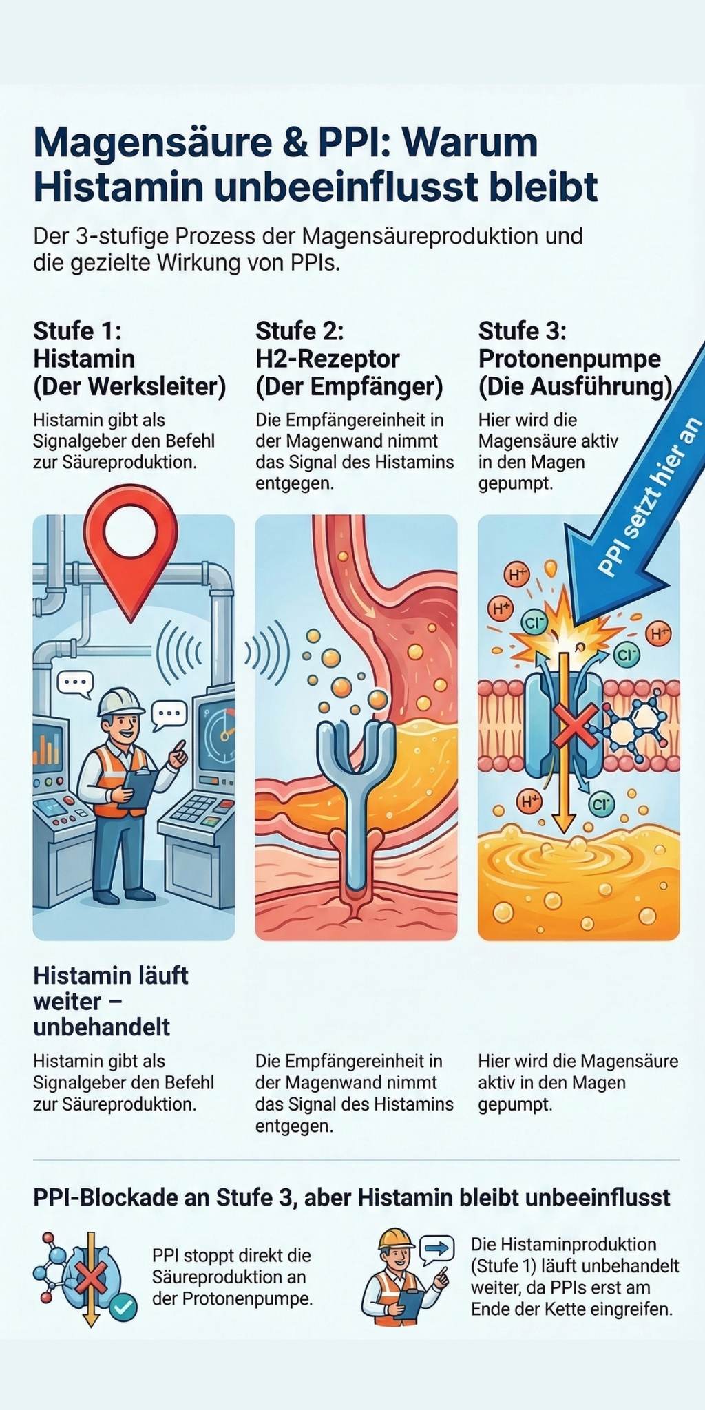 Magensäure-Histamin-PPI-Zusammenhang Grafik: Magensäureproduktion, histamin + PPI